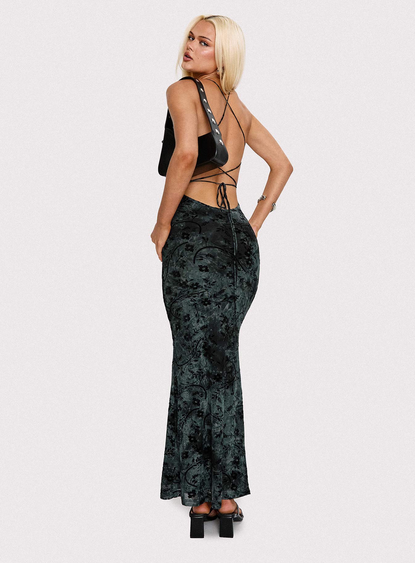 back view of model wearing Princess Polly Giorgiana Maxi Dress Black Cowl Neck 