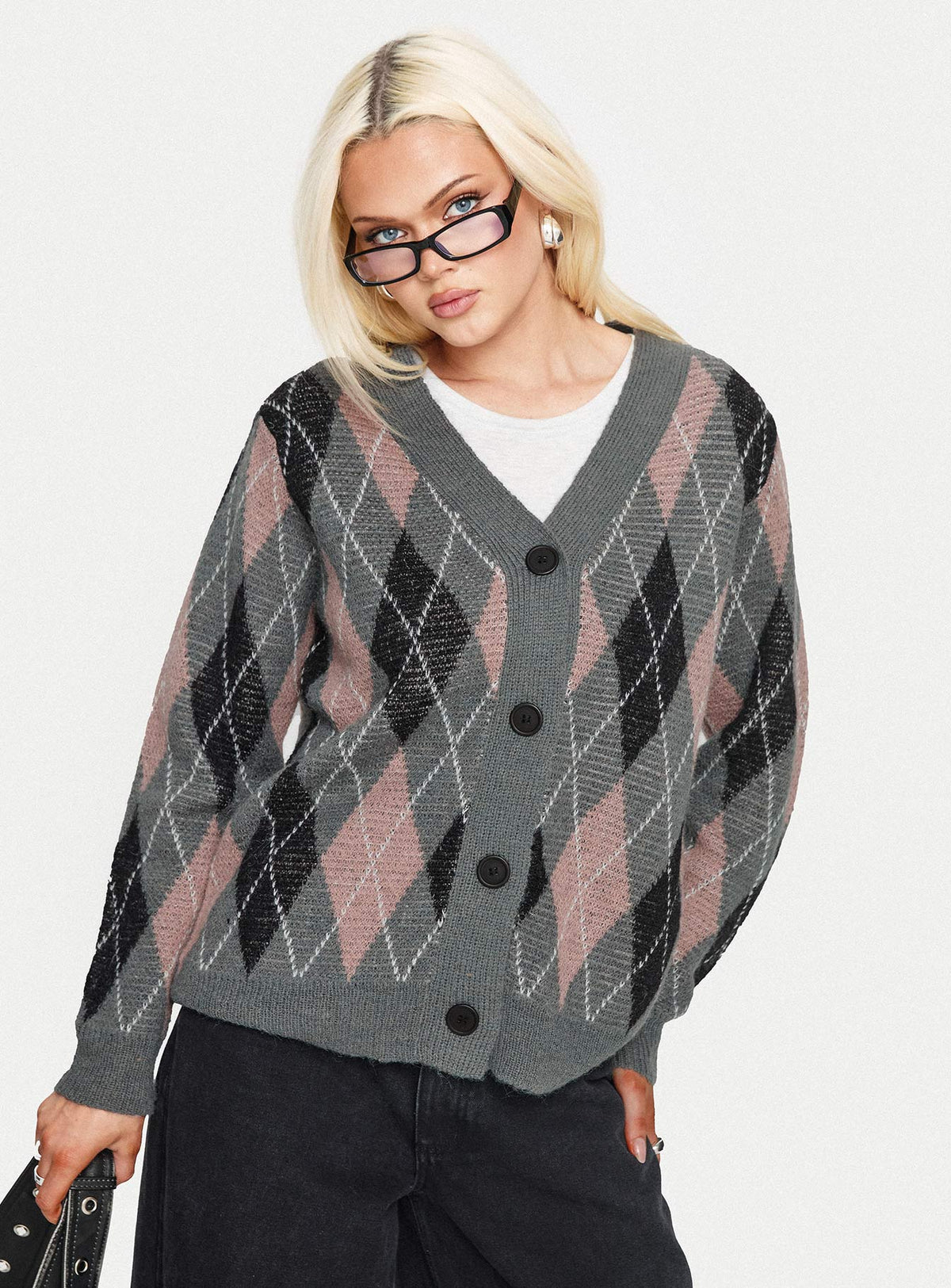 front view of model wearing Princess Polly Zeeva Button Through Knit Cardigan Grey Argyle Long 