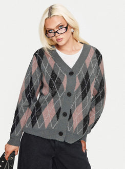 front view of model wearing Princess Polly Zeeva Button Through Knit Cardigan Grey Argyle Long 