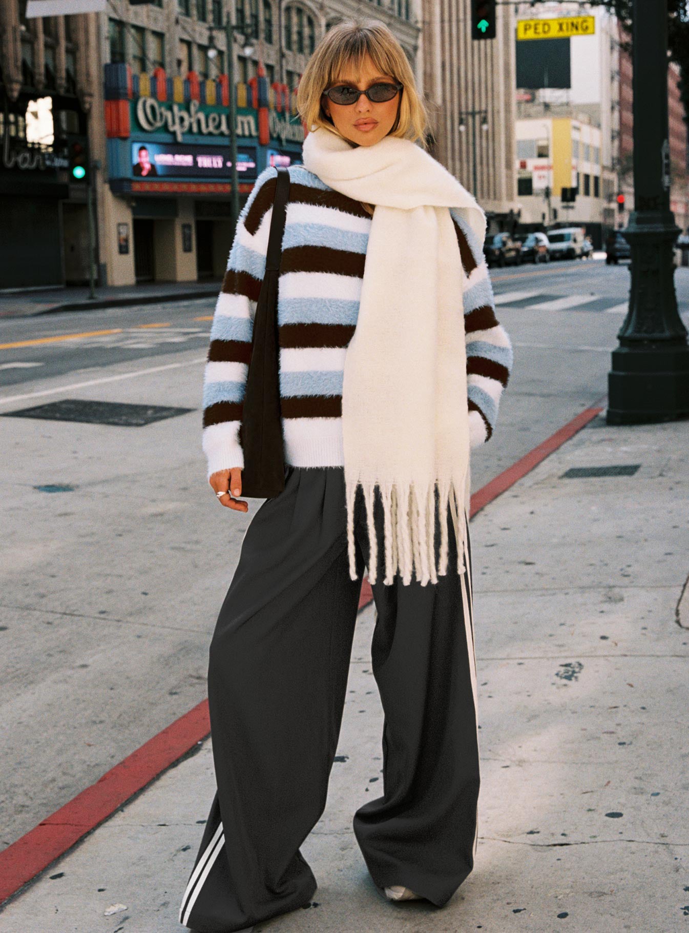 front view of model wearing Princess Polly Kordhelia Knit Jumper Multi Stripe Long 
