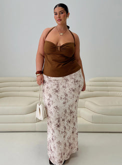 back view of model wearing Princess Polly Isabetta Halter Top Chocolate Curve Sleeveless Sweetheart 