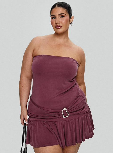 front view of model wearing Princess Polly Love Lingers Strapless Mini Dress Burgundy Curve Straight Neck 