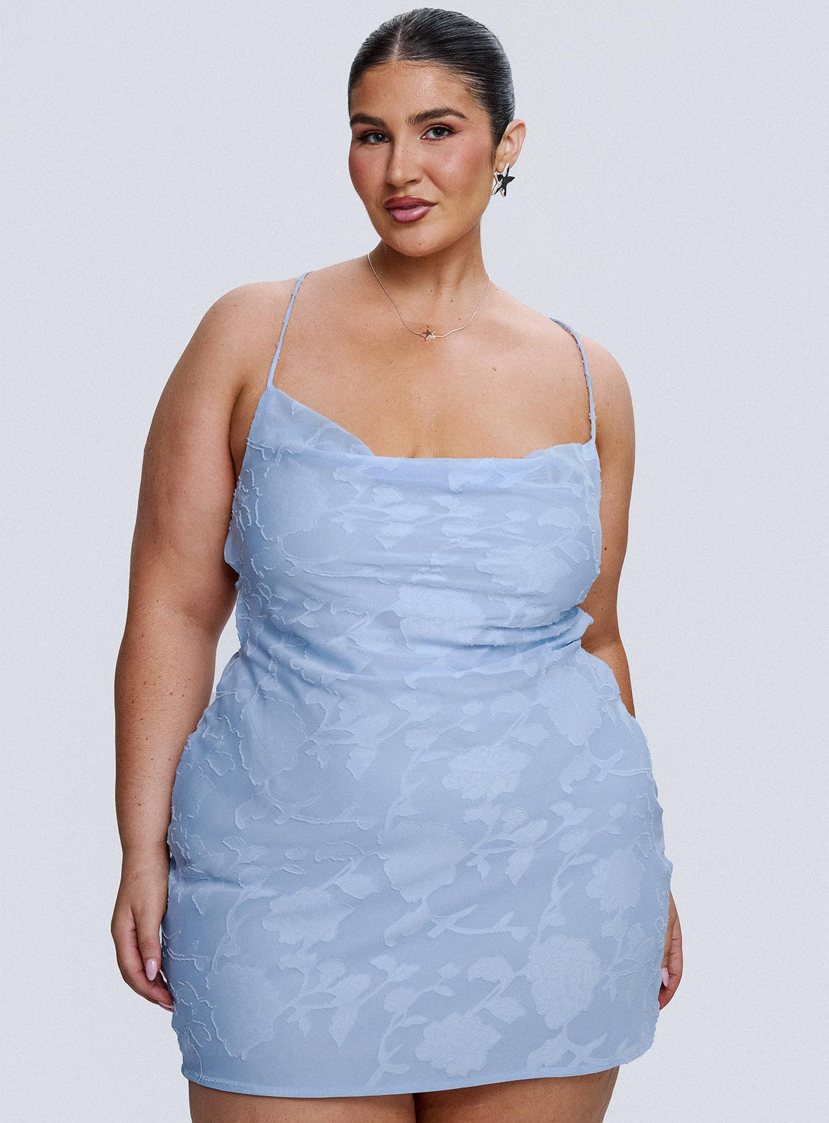 front view of model wearing Princess Polly Celena Mini Dress Light Blue Burnout Curve Cowl Neck 