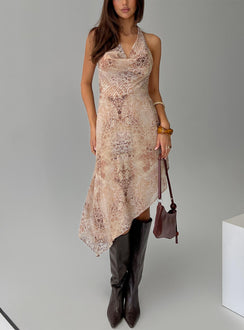 side view of model wearing Princess Polly Zolena Halter Asymmetrical Midi Dress Multi Cowl Neck 