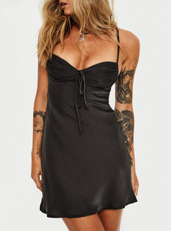 back view of model wearing Princess Polly Glendon Mini Dress Black Sweetheart Neckline 