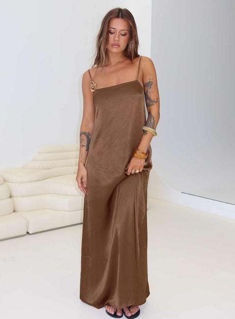 front view of model wearing Princess Polly Apple Cider Maxi Dress Brown Square Neck 
