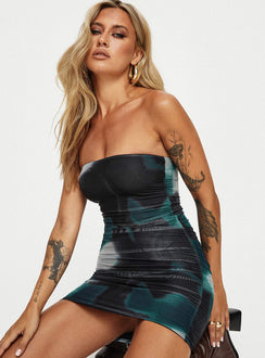 front view of model wearing Princess Polly Micah Mini Dress Navy Multi Petite Straight Neck 