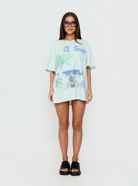 St Tropez Postcards Oversized Graphic Tee Washed Blue