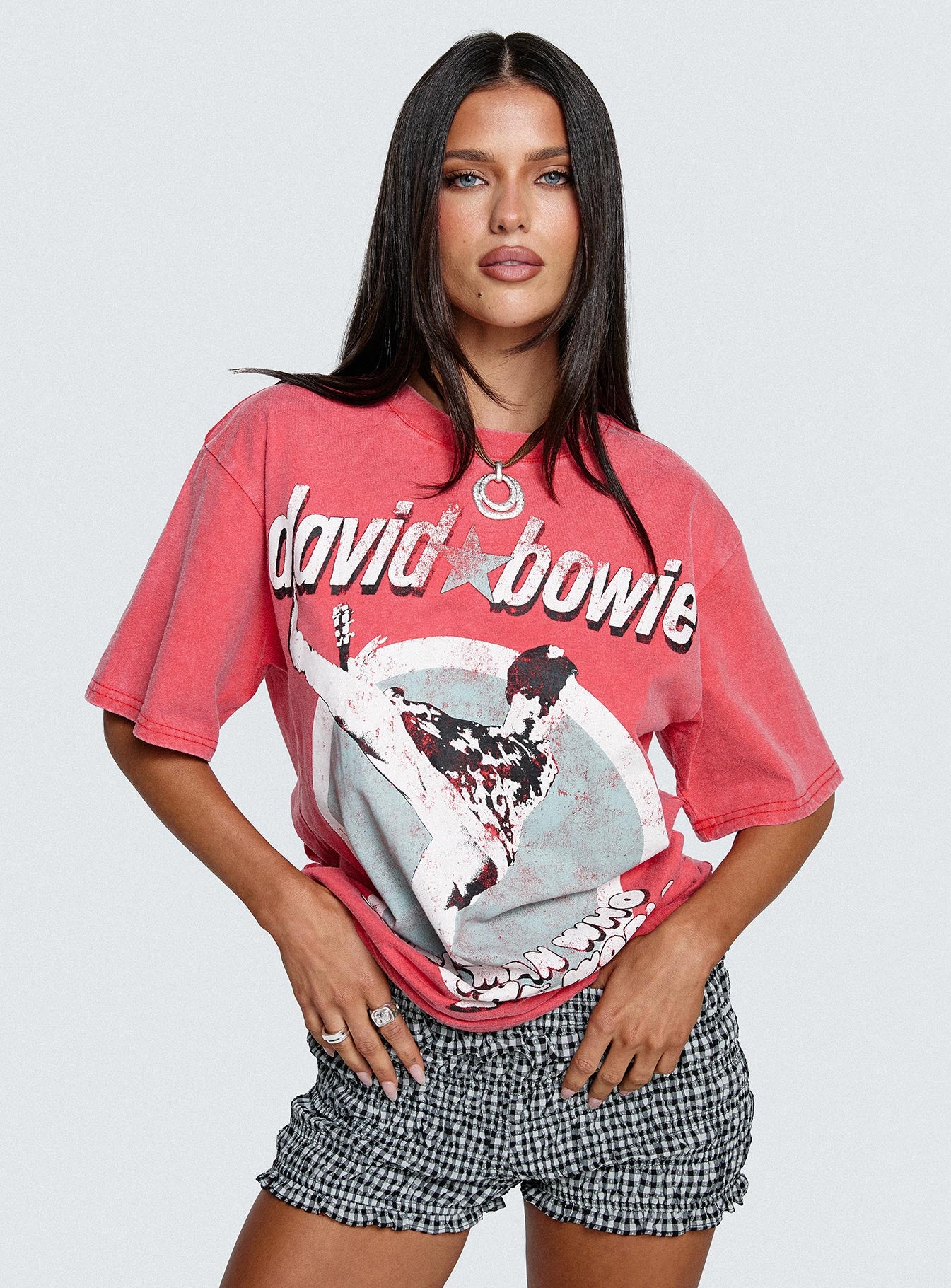 front view of model wearing Princess Polly David Bowie Vintage Oversized Graphic Tee Red Half Sleeves Crew Neck 