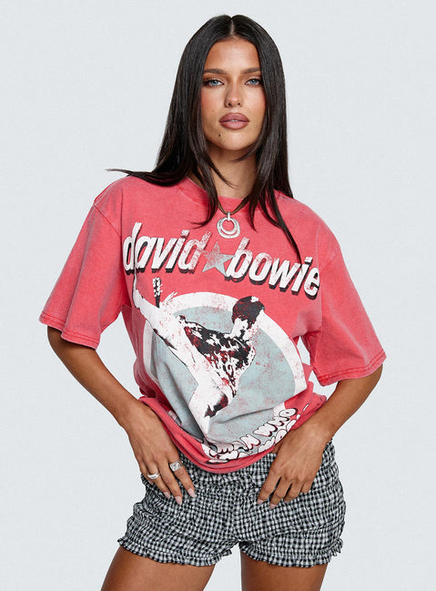 front view of model wearing Princess Polly David Bowie Vintage Oversized Graphic Tee Red Half Sleeves Crew Neck 