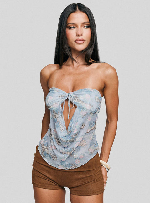 side view of model wearing Princess Polly Sublimity Strapless Top Blue Multi Sleeveless Cowl 