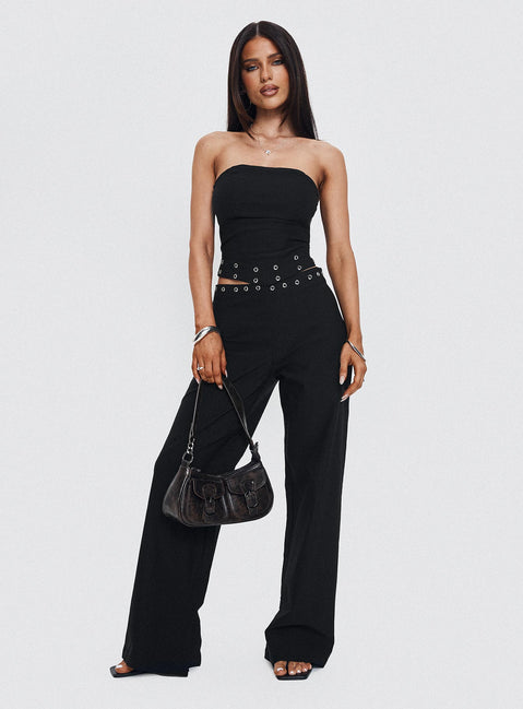 front view of model wearing Princess Polly Passionette Pants Black Petite High Waisted Pants 