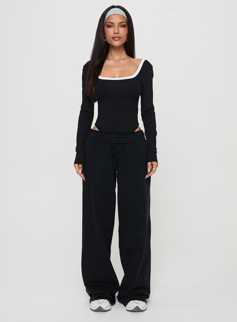 back view of model wearing Princess Polly Ender Contrast Trim Bodysuit Black Long Sleeve Tops 