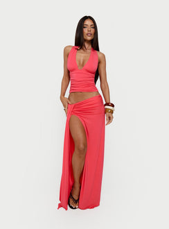Showcasing the Keerah Ruched Maxi Skirt Guava in coral with womens-skirts category featuring maxi length front view of model wearing Princess Polly
