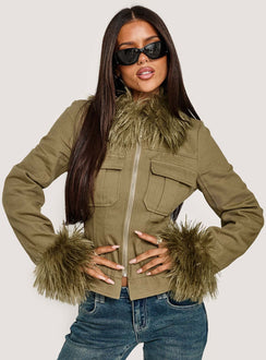 Nindie Faux Fur Contrast Jacket Green