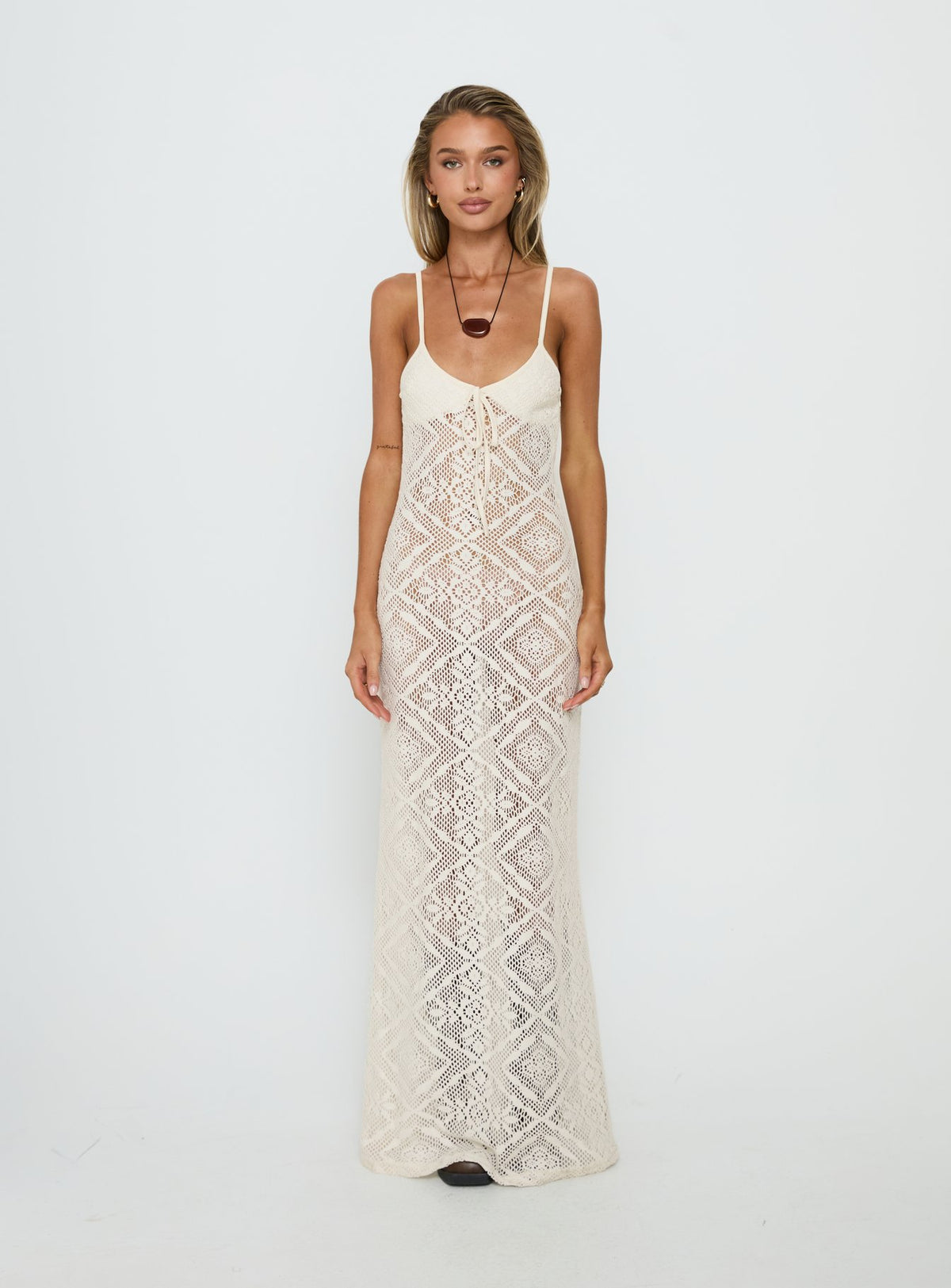 Eminent Crochet Low Back Maxi Dress Cream