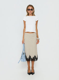 back view of model wearing Princess Polly Downtown Scene Lace Trim Maxi Skirt Cream Polka Midi Skirts 