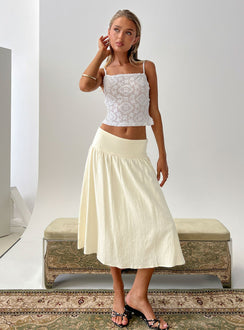   side view of model wearing Princess Polly Heart Of Gold Linen Blend Midi Skirt Lemon Midi Skirts 