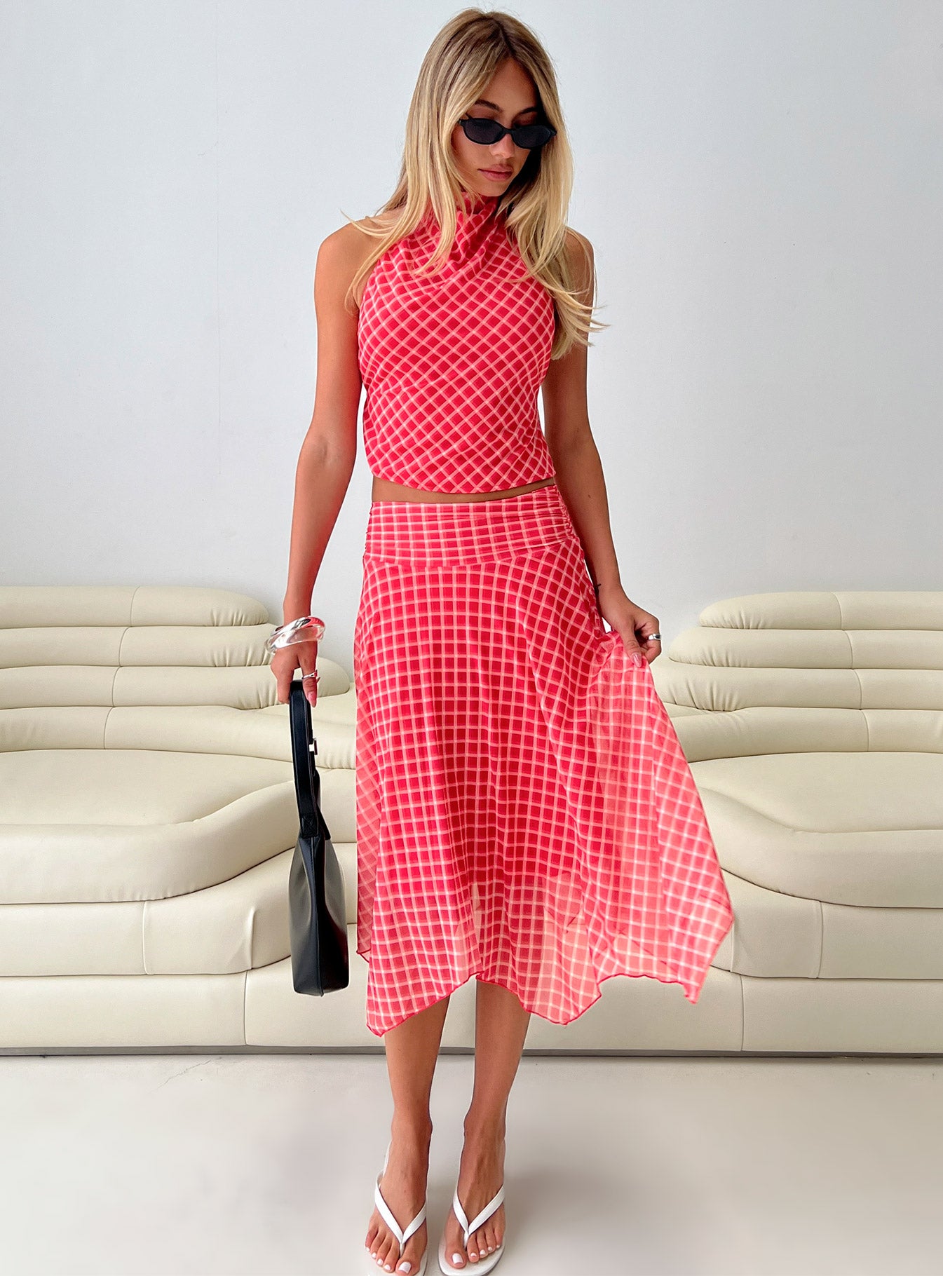   front view of model wearing Princess Polly Scenic Route Asymmetrical Midi Skirt Red Check Midi Skirts 