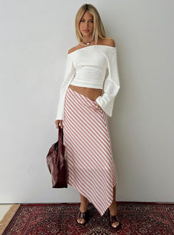   side view of model wearing Princess Polly Gwenora Asymmetrical Midi Skirt Pink Stripe Midi Skirts 
