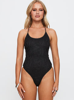 front view of model wearing Princess Polly Fuel My Soul Lace Bodysuit Black Sleeveless 