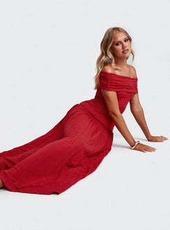 back view of model wearing Princess Polly Field Of Dreams Maxi Dress Crimson Straight Neck 