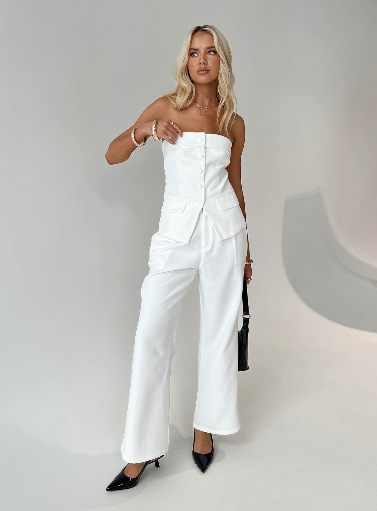 front view of model wearing Princess Polly Jazzar Pocket Detail Pleated Pant White High Rise Pants Pants 