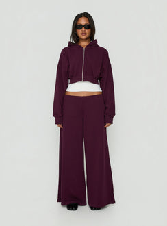 Featuring the Lanna Fleece Zip Through Cropped Hoodie in Plum, a short womens jumper with oversized fit and hood detail, front view of model wearing Princess Polly