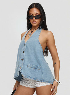 back view of model wearing Princess Polly Hills Halter Washed Blue Sleeveless V-Neck 