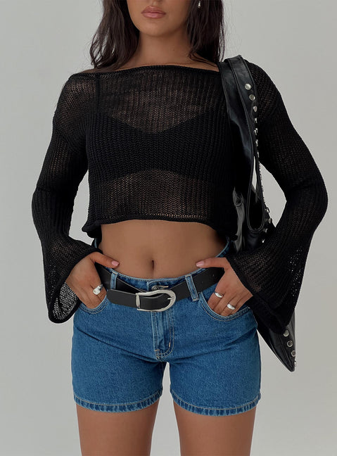 front view of model wearing Princess Polly Saldana Shorts Mid Blue Denim Petite High Waisted Shorts 