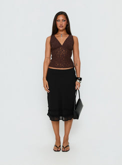   side view of model wearing Princess Polly Clarabella Frill Midi Skirt Black Midi Skirts 