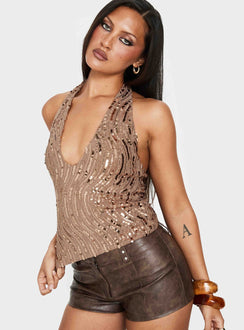 Slone Sequin Halter Top Gold Shimmer