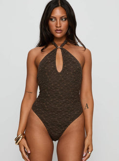 front view of model wearing Princess Polly Libbey Hardware Detail Textured Bodysuit Brown Sleeveless 