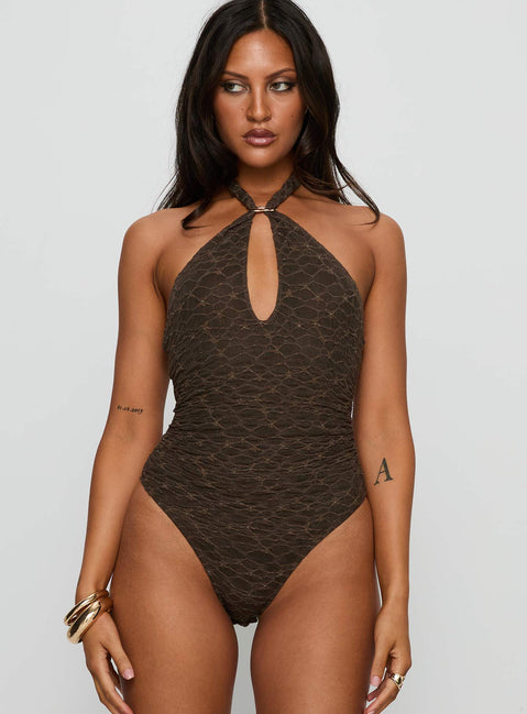 front view of model wearing Princess Polly Libbey Hardware Detail Textured Bodysuit Brown Sleeveless 