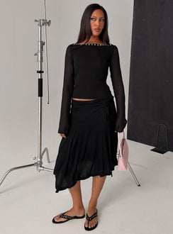   front view of model wearing Princess Polly Joaney Tie Side Jersey Midi Skirt Black Midi Skirts 