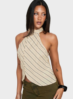 Iggya Button Detail High Neck Top Beige Stripe