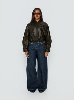 front view of model wearing Princess Polly Paltrow Mid Rise Wide Leg Cargo Jeans Dark Blue Wash Mid Rise Jeans 