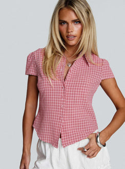 front view of model wearing Princess Polly Float Away Button Up Top Red Check Short Sleeves V-Neck 