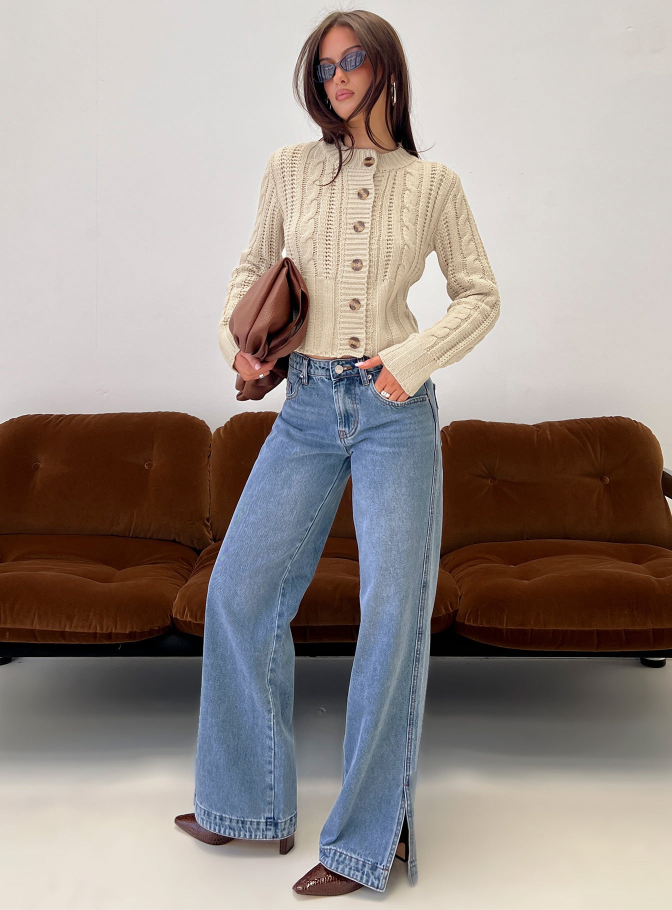 front view of model wearing Princess Polly Donielle Cable Knit Cardigan Beige cropped Jumpers 