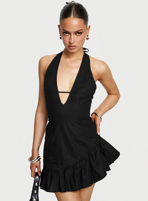 front view of model wearing Princess Polly Solistaire Halter Mini Dress Black Plunger 