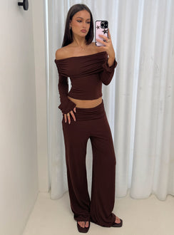 side view of model wearing Princess Polly Fawne Ruched Folded Pants Brown Mid Rise Pants 