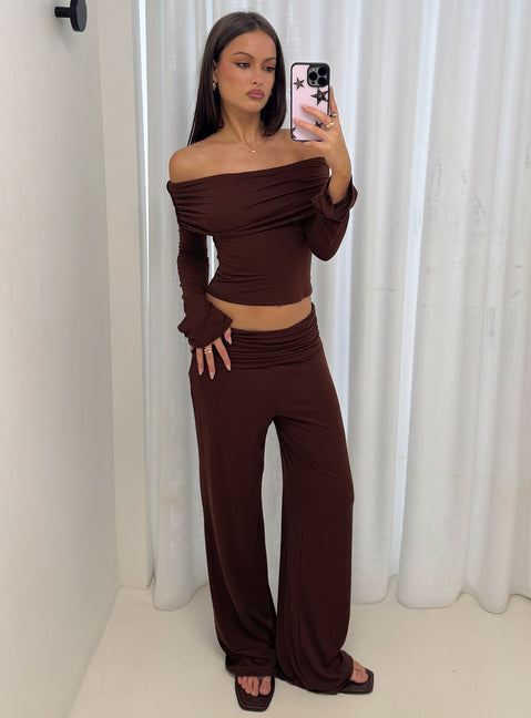 side view of model wearing Princess Polly Fawne Ruched Folded Pants Brown Mid Rise Pants 