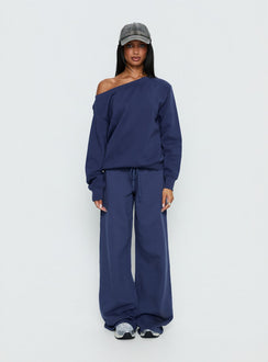 side view of model wearing Princess Polly Wellness Off the Shoulder Jumper Navy 