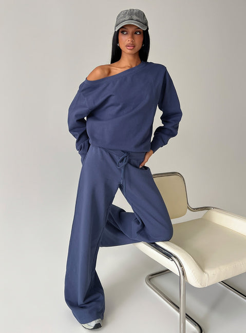 front view of model wearing Princess Polly Wellness Off the Shoulder Jumper Navy 
