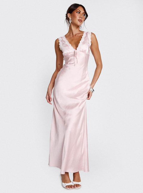 front view of model wearing Princess Polly Liliya Lace Maxi Dress Pink Plunger 
