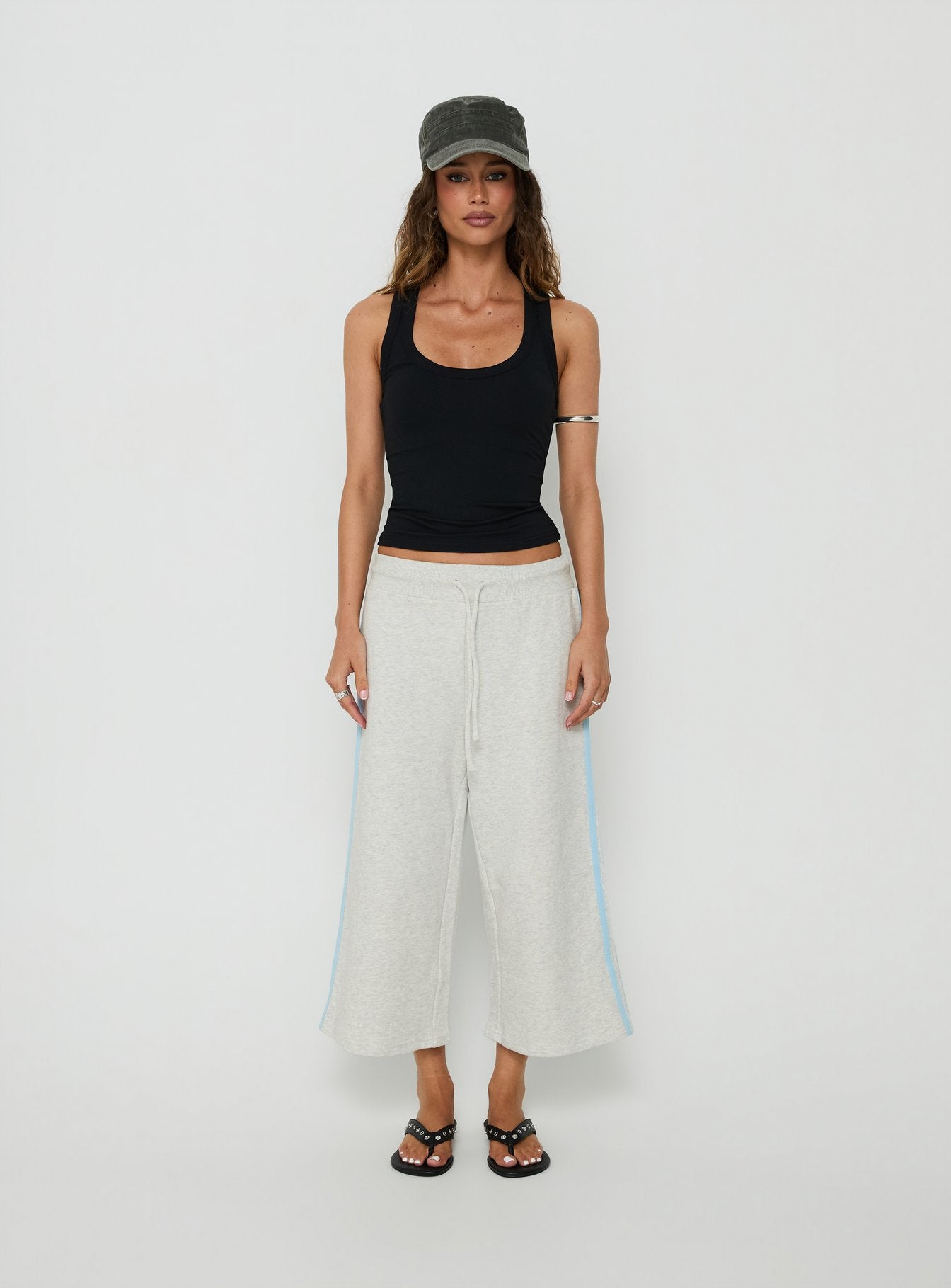 Showcasing the Dojo 3/4 Track Pants Grey Marle in womens regular pants with mid-rise front view of model wearing Princess Polly