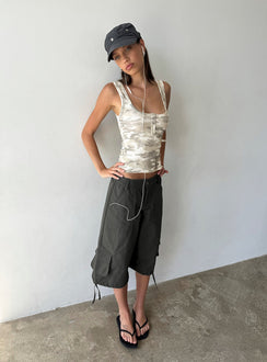 Featuring the Relaxer 3/4 Cargo Pants Charcoal in womens-regular-pants with mid-rise front view of model wearing Princess Polly