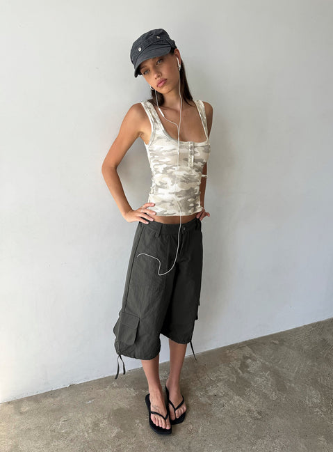 Featuring the Relaxer 3/4 Cargo Pants Charcoal in womens-regular-pants with mid-rise front view of model wearing Princess Polly