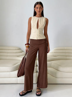 front view of model wearing Princess Polly Silver Moon Linen Blend Tie Pants Brown Petite Mid Rise Pants 