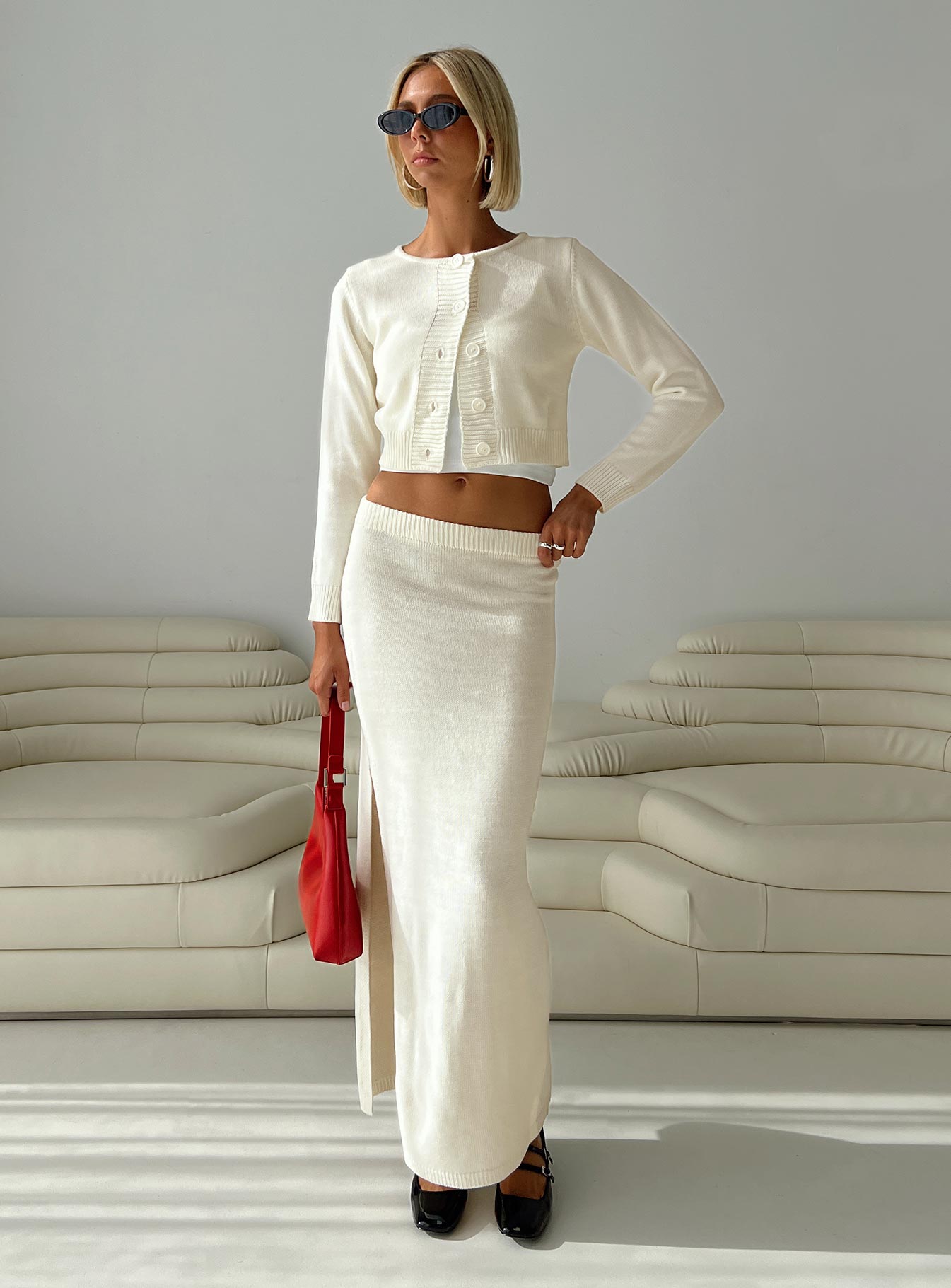 side view of model wearing Princess Polly Collase Knit Sweater Cream cropped 